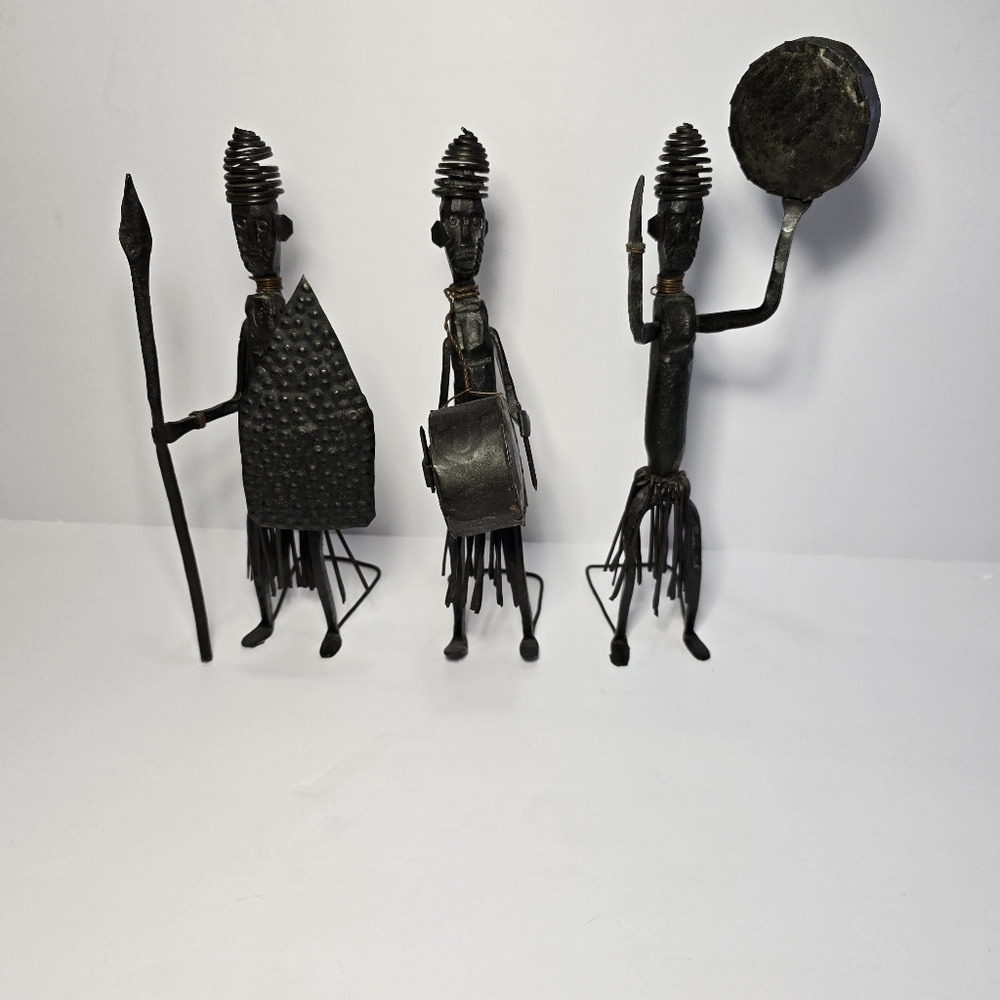 3 Metal African Sculptures; Musicians And Dancer Folk Figurine 1960's Iron